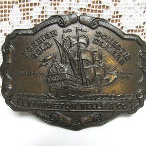 Vintage BELT BUCKLE Livingston Wells & Co. Gold Dealers Brass 1970s Australia